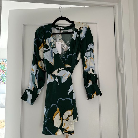 Reformation Chrisley Wrap Silk Mini Dress Lyra Green Floral V-Neck Long Sleeve - Picture 7 of 12